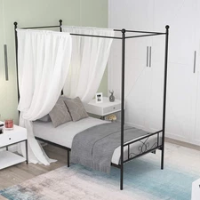 Twin Canopy Bed Frame with Headboard and Footboard, 4 Posters Metal Bed Frame, N