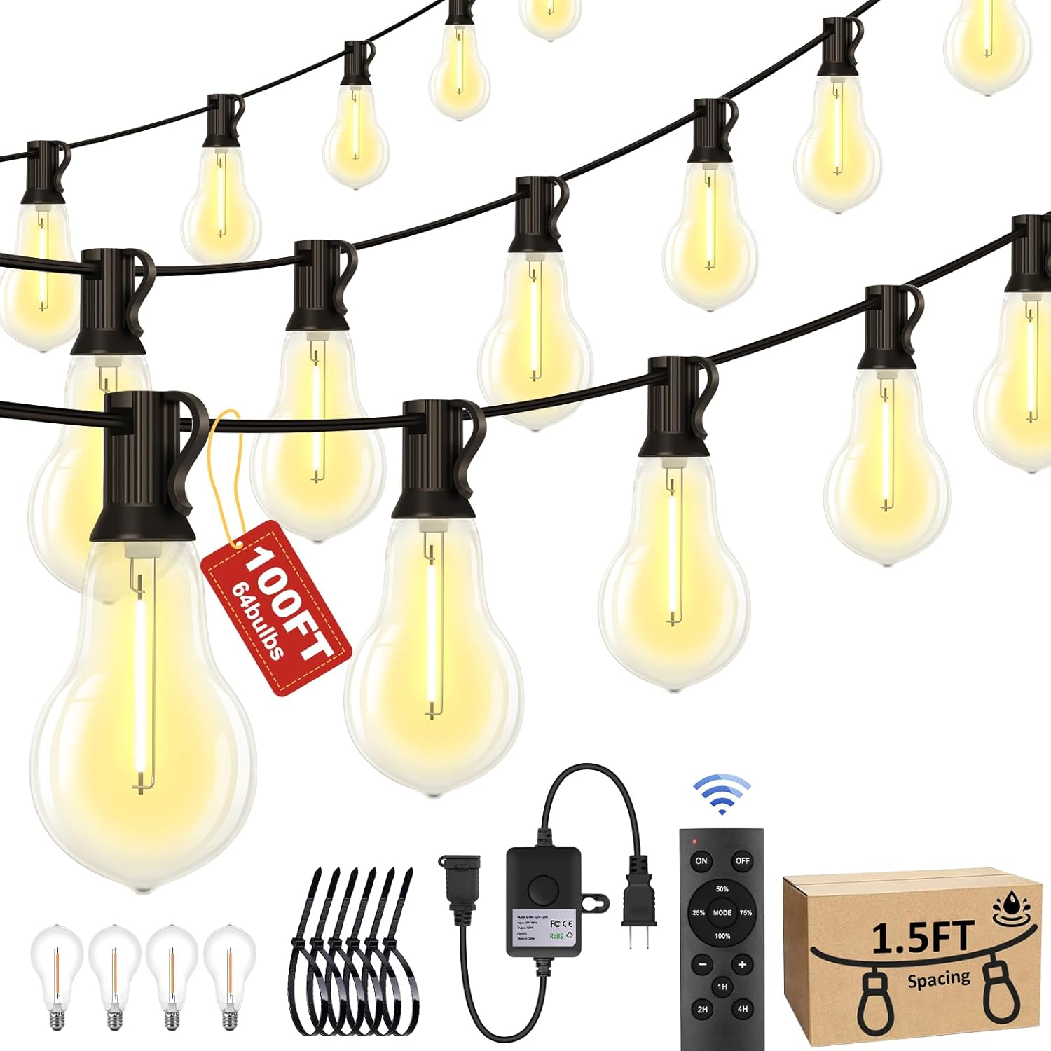 Outdoor String Lights Remote Dimmer 64 Bulbs