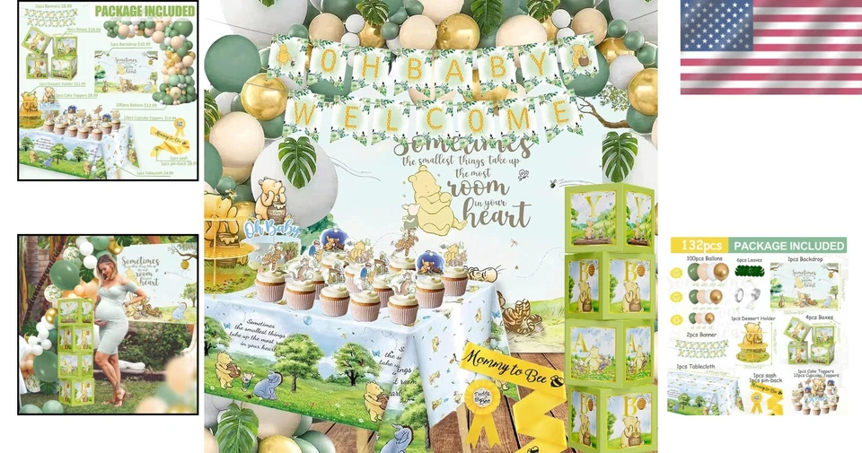 Decorações temáticas do Ursinho Pooh 132 unidades para chá de bebê e festas marcantes - Imagem 2 de 4