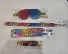 NEW Rainbow Color BDSM Kit Belt Restraints Set Handcuff Blindfold Choker Bondage