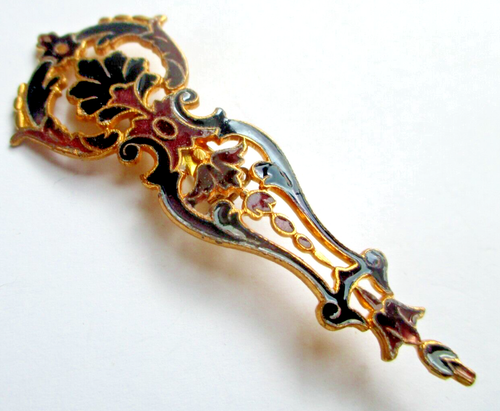 Ancienne grande broche couleur or sceptre émail rouge noir