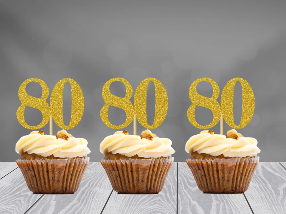 Toppers para Cupcakes 80 Cumpleaños Decoraciones de Fiesta (JUEGO de 12) 20 Colores Disponibles Foto 4 de 4