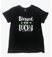 Womens Black Blessed And Lucky St Patricks Day Shamrock T-Shirt