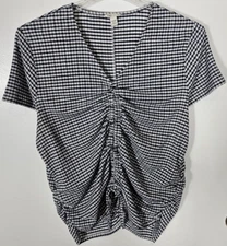 Cato Women's Size 18/20W Blue White Check Shirt Top Adj. Ruched Center SS V-Neck