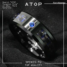 8mm Black and Blue Carbon Fiber CZ Tungsten Ring ATOP Men's Wedding Band