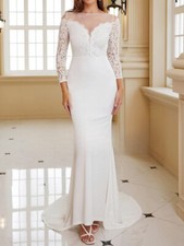 Long Sleeve Mermaid Wedding Dress Beach O-Neck Lace Sweep Train