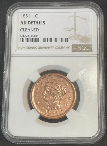 1851 BRAIDED HAIR LG. CENT NGC-AU Details Cleaned