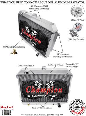 JR 2 Row 1'' Radiator 26'',12'' Fans for 1968-1973 Dodge Charger Small Block Eng