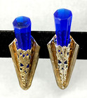 Pierced Stud Earrings Royal Blue Lucite Crystals in Gold Tone Filigree Sheath