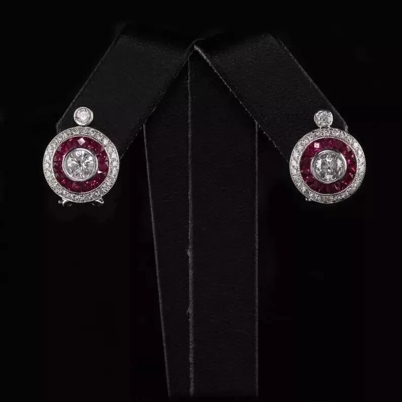 Vintage Art Deco Style 2Ct Lab Created Diamond Ruby Earrings 14k White Gold FN - Image 4 of 4