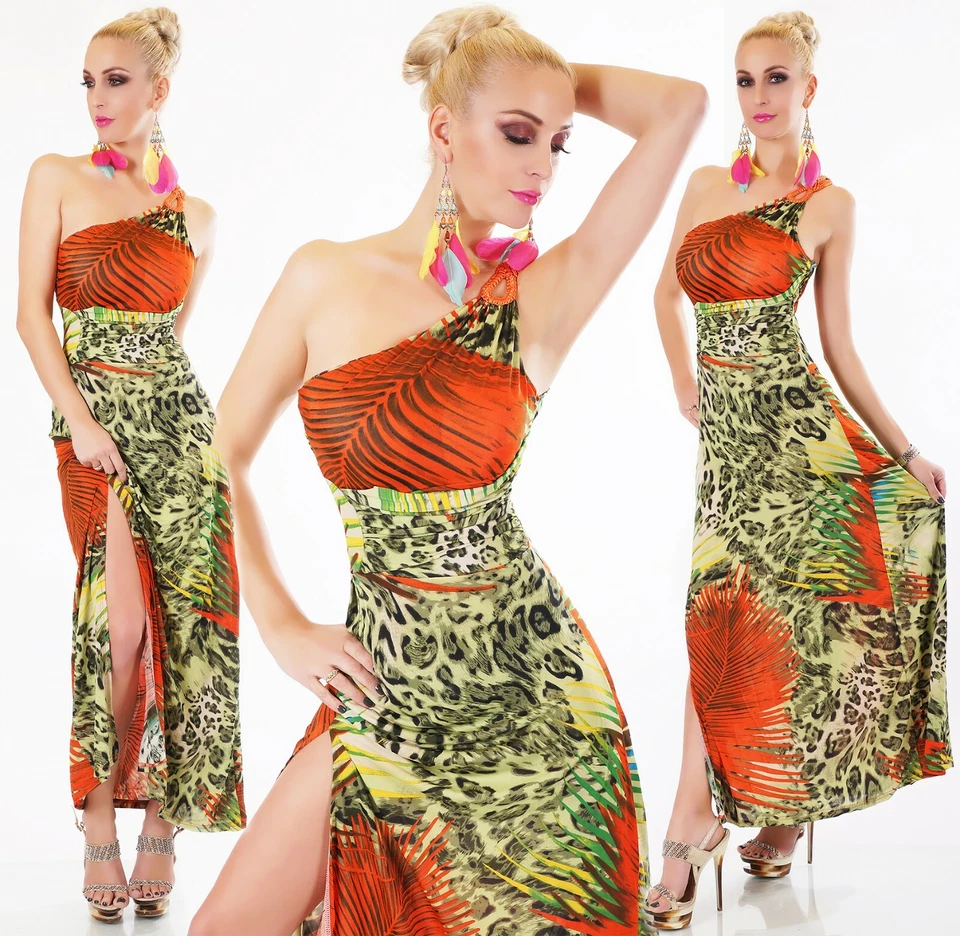 Damen Maxi Kleid Lang One Shoulder Sommer Strand Bodenlang Animal Leopard 34-38 - Bild 4 von 4