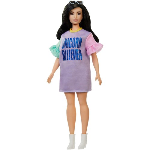 Barbie Fashionistas Puppe 127 - kurvig mit dunklen Haaren und Einhorn Gläubiges Kleid - Bild 1 von 8