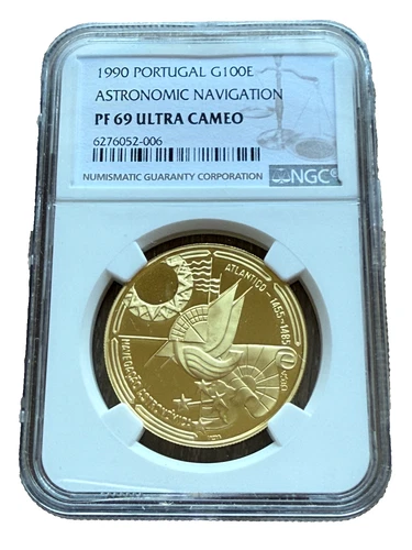 Portugal 1990 Gold 100 Escudos NGC PF69UC Astronomic Navigation