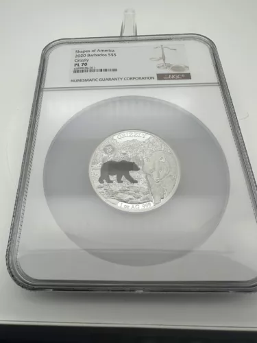 2020 Barbados Shapes of America 1 Oz. Silver Prooflike Grizzly Cutout NGC PL70