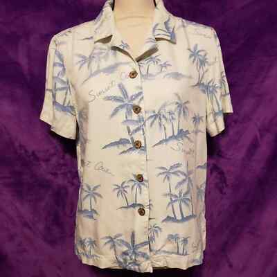 Sunset Cove Women's Floral Hawaiian Shirt White Blue Medium M