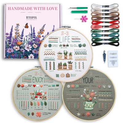3 Pack Beginner Embroidery Kits for Adults DIY Starter Kit with 33 Stitch Tec...