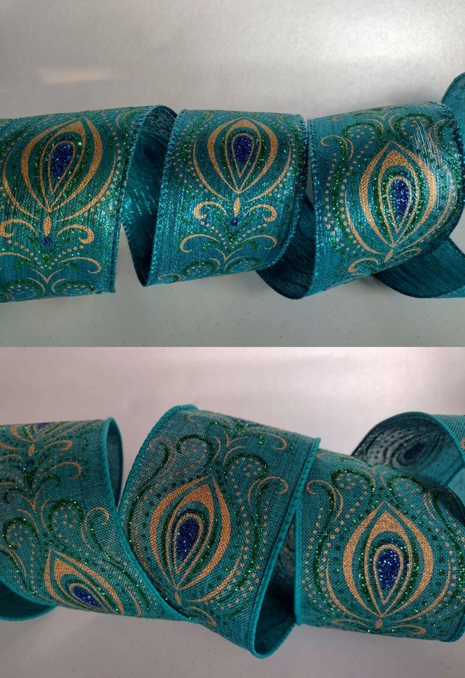 ELEGANZA Peacock Feather Wired Christmas Ribbon Metallic or Woven Wide Ribbon 63mm x 9.1M
