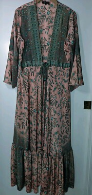B&B boho 100% silk long Kimono dress one size Lagenlook Art To Wear