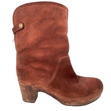 Ugg Lynnea Brown Suede Leather Shearling Wooden Heel Clog Boots Womens 7 3204