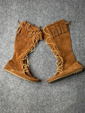Womens Minnetonka Fringe Suede Knee High Moccasin Boots Brown, Size 9