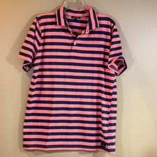 Simply Southern Polo Mens L Pink Navy Blue Striped Short Sleeve Preppy Casual