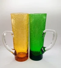 2 Tall Crackle Glass Iced Tea, Beer Glasses With Handles Barware, Cocktails