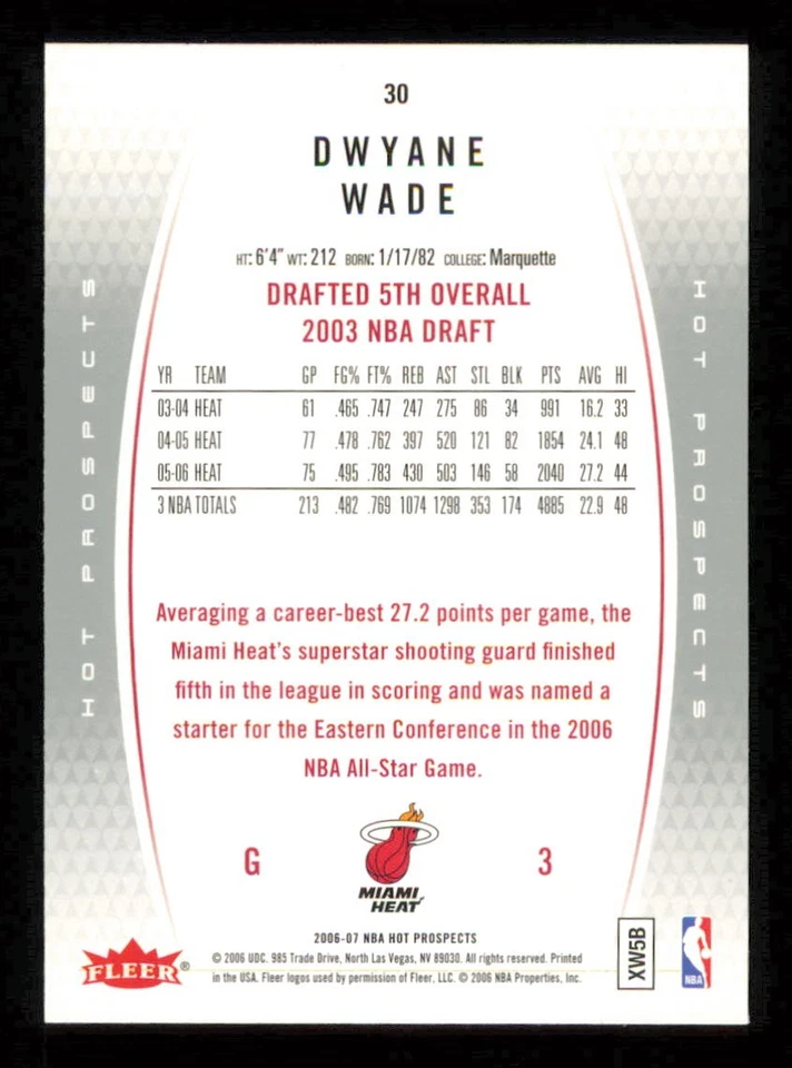 2006-07 Fleer Hot Prospects #30 Dwyane Wade HOF Basketball HEAT NM-MT - Image 2 of 3