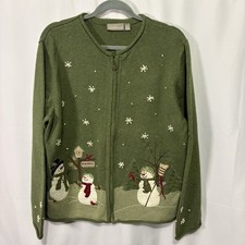 Croft Barrow Womens Sz XL Vintage Green Full Zip Snowman Christmas Cardigan
