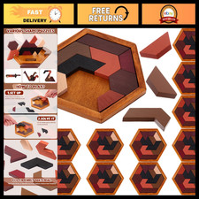 12 Pack Wooden Hexagon Tangram Puzzles - Brain Teaser Logic Games for Kids Adu