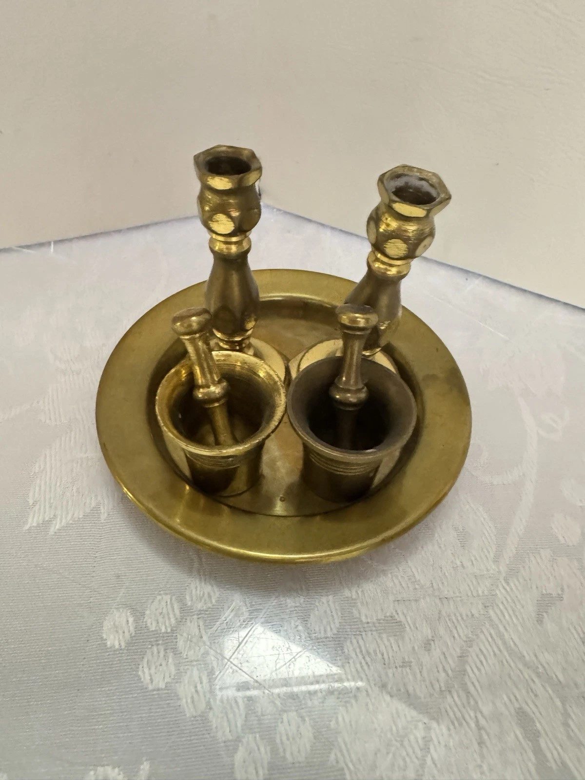 Miniature Brass Tray With Candlesticks & Mortar & Pestle