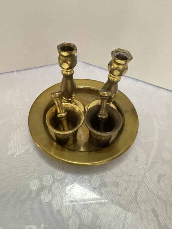 Miniature Brass Tray Candlesticks Mortar Set