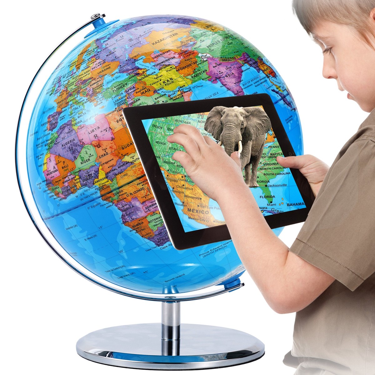 3D World Globe Earth Ocean Rotating World Map Geography w/ Stand