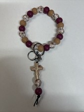 Silicone Charm Wristlet Key Chain Fob Beaded Handcrafted With Cross