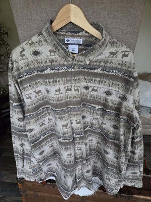 Columbia Mens XL Shirt Ran Brown Deer Southwestern Print Button Up Collared