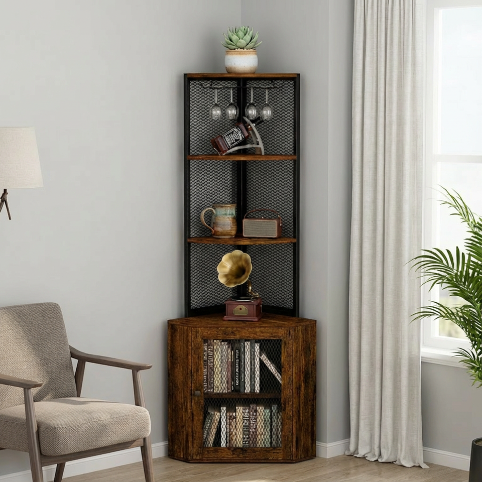 65" 6 Tier Bookshelf Corner Shelf with Drawers & Wine Glass Rack ...