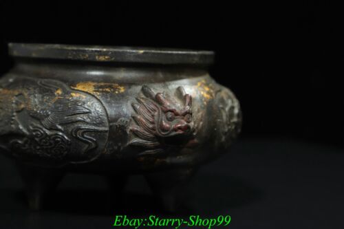 7"Xuande Marked Chinese Bronze Gilt Dragon Beast Lion Head Incense Burner Censer - Picture 4 of 9