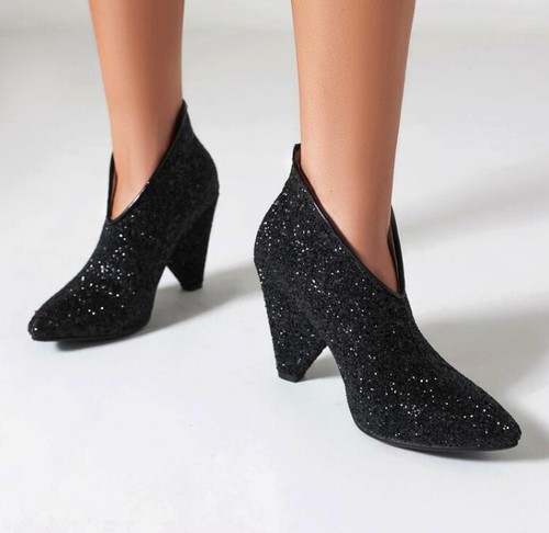 Botas al tobillo doradas de lentejuelas con tacón de cono para mujer con punta en punta Chelsea botas sin cordones zapatos - Imagen 8 de 28