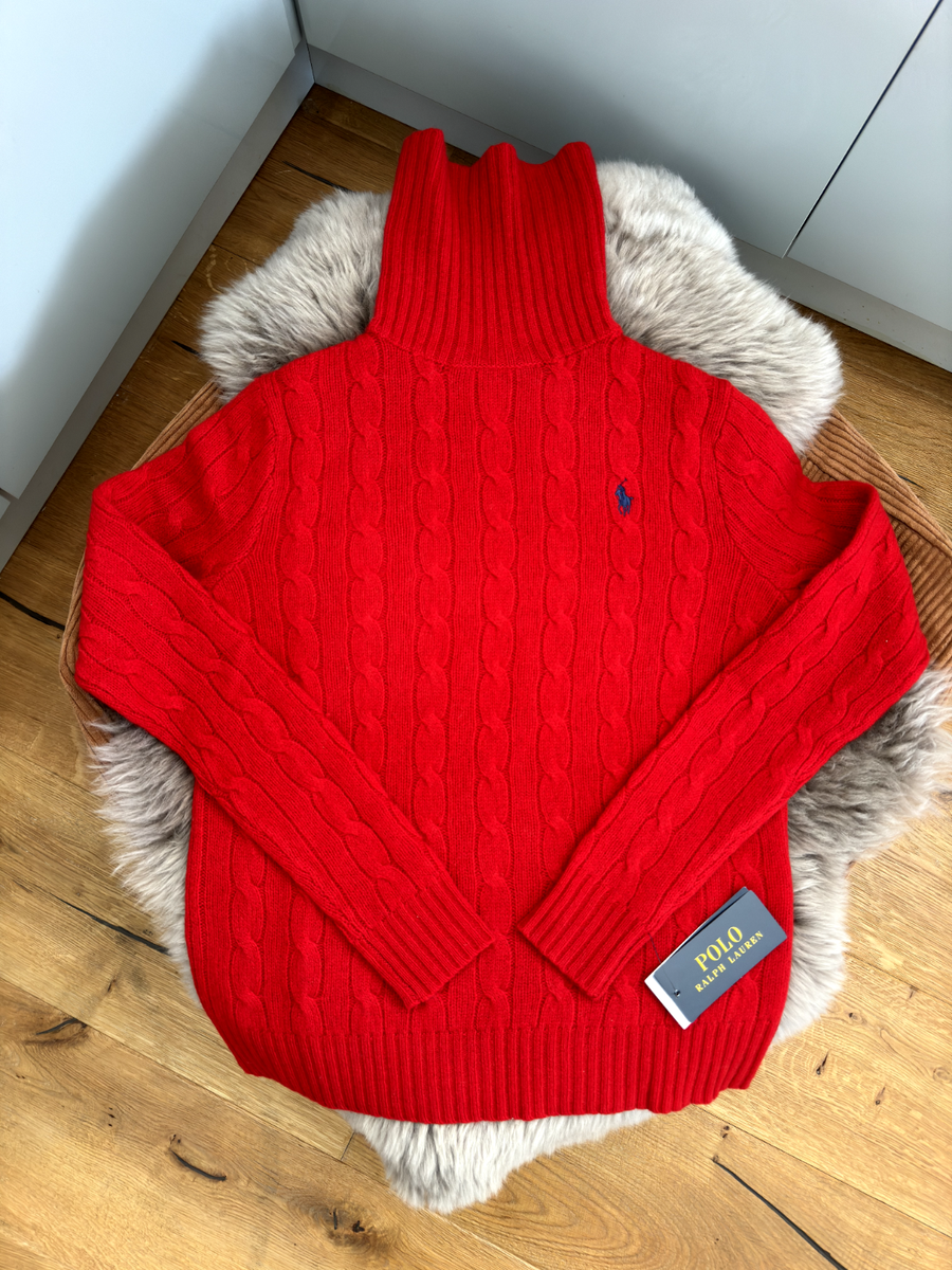Polo Ralph Lauren Red Wool Cashmere Cable Knit Roll Neck Jumper size XS BNWT