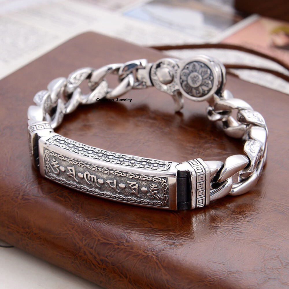 Pure S925 Sterling Silver Chain 11mm Six Words Curb Link Bracelet