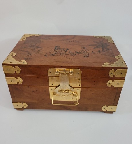 Vintage Asian Large Wood Jewelry Box Chest Brass Hardware key 12"X7"X8" - 第 1/18 張圖片