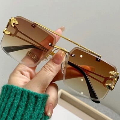 Men's Women's Luxury Rimless Rectangle Gradient Brown Tint Lens  Sunglasses