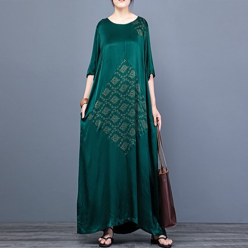 Vintage Style Loose Kaftan Maxi Printed Dress Women Crew Neck Oversized Robe - Picture 16 of 17