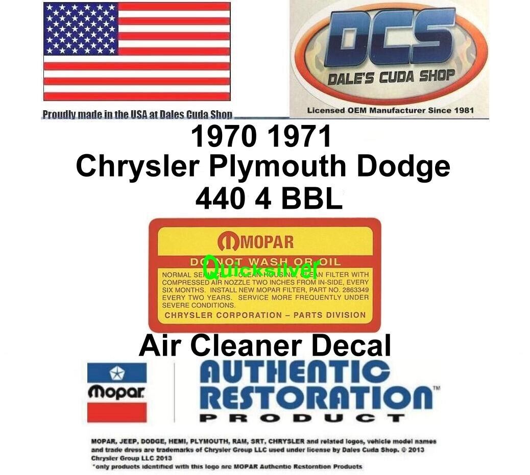 1970 1971 Dodge Plymouth 440 4 barrel Do Not Wash Air Cleaner Decal 2863349 NEW