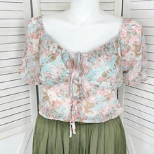 Active USA Blouse Women 1XL Blue Pink Sheer Floral Chiffon Tie Front Crop Puff