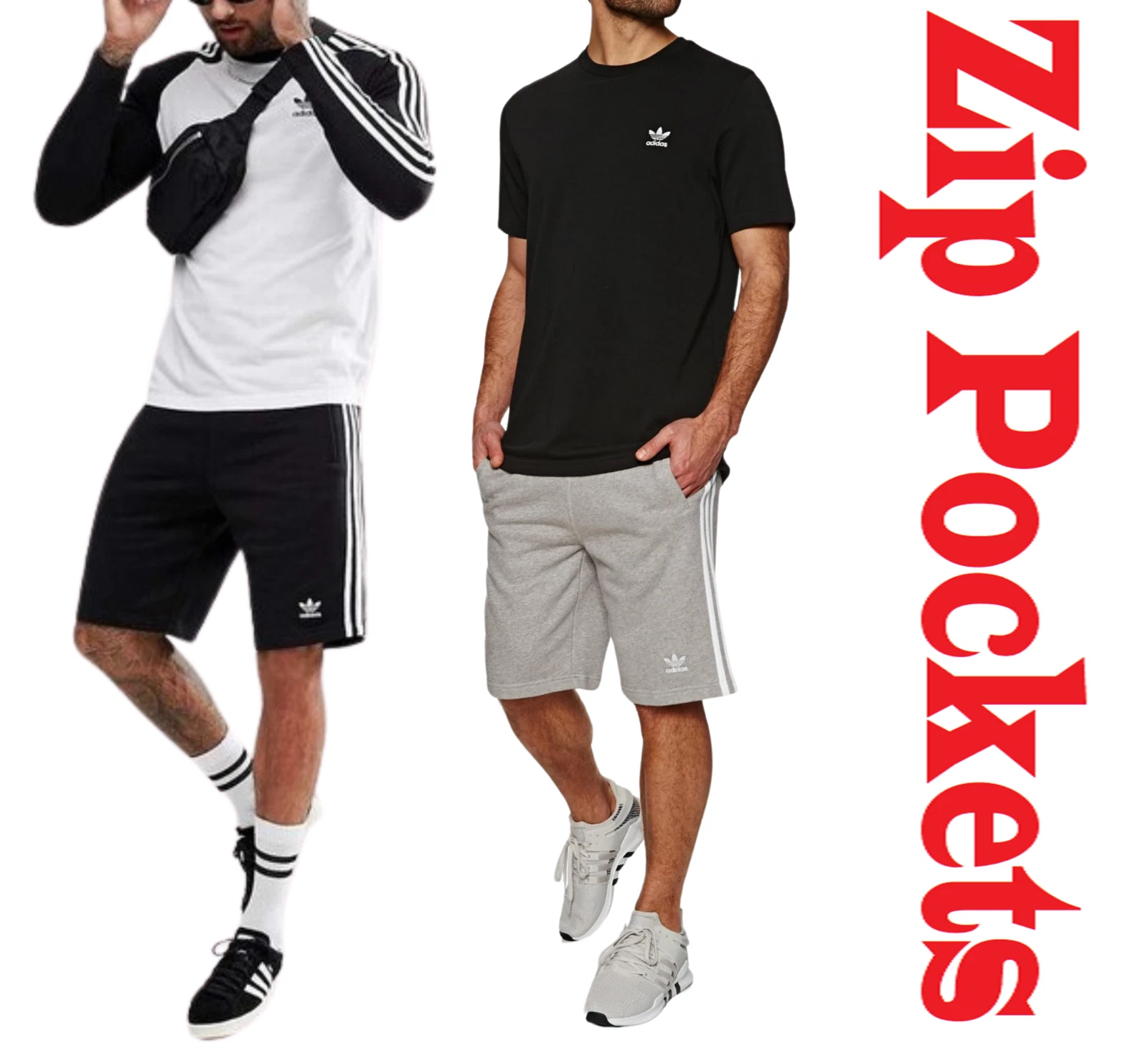 Adidas Shorts Mens Black Zip Pockets 3 Stripes Originals Terry Sports Casual