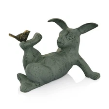 Playful Bunny Rabbit With Bird Friend Garden Sculpture Statue Metal ~SPI Home