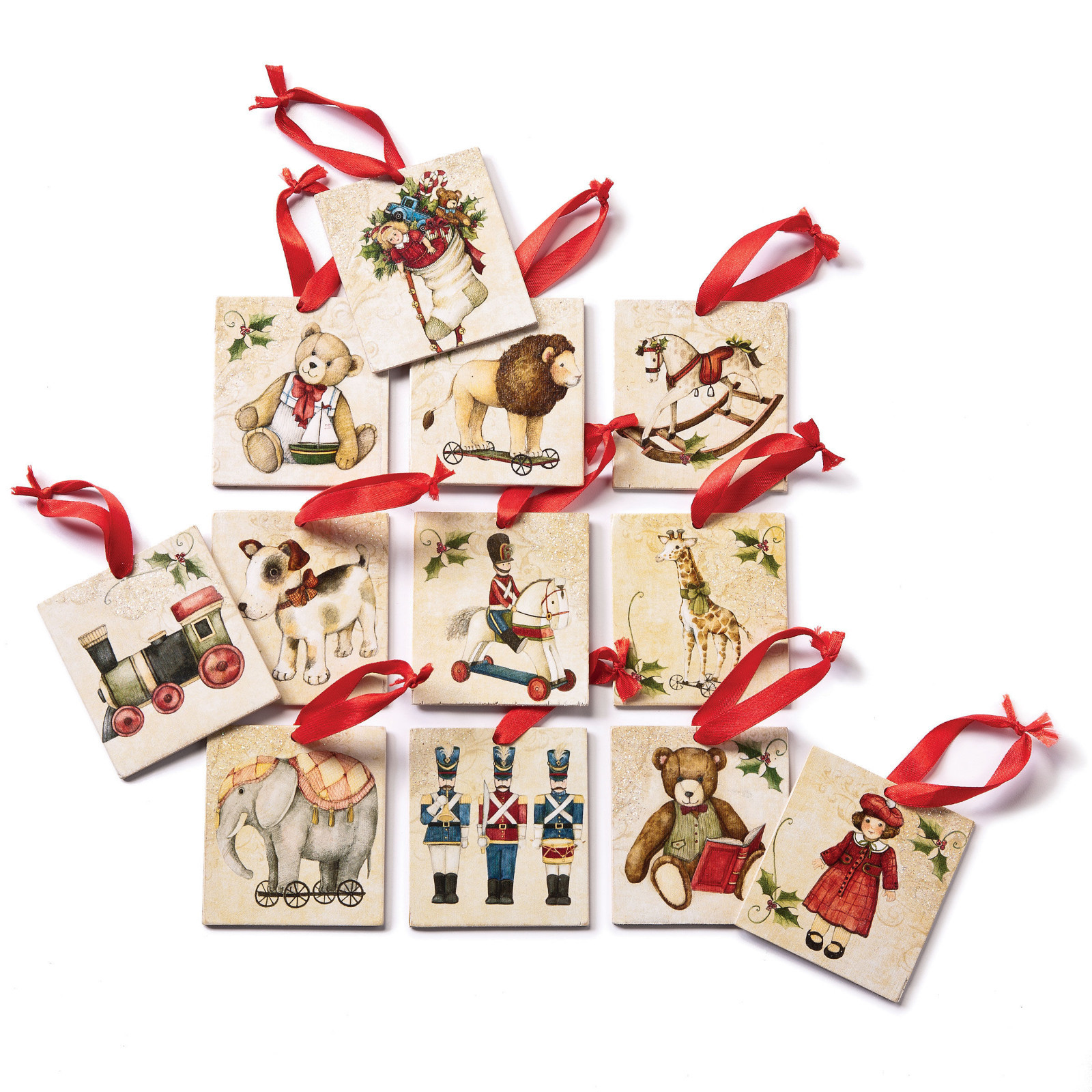 CHRISTMAS GIFT TAG Wood ORNAMENTS retro toys, animals rocking horse set of 12