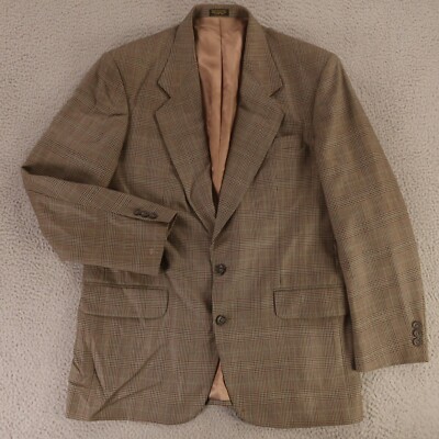VTG Prince of Wales Check Jacket M Brown Green Glen Plaid 100% Wool Blazer 40R