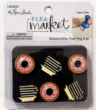 The Paper Studio FLEA MARKET FANCY Decorative Push Pins - DONUTS/COFFEE - 6 pcs