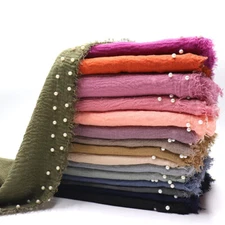 Women Plain Hijab Headwrap Cotton Long Scarves Beaded Headscarf Fringe Shawls